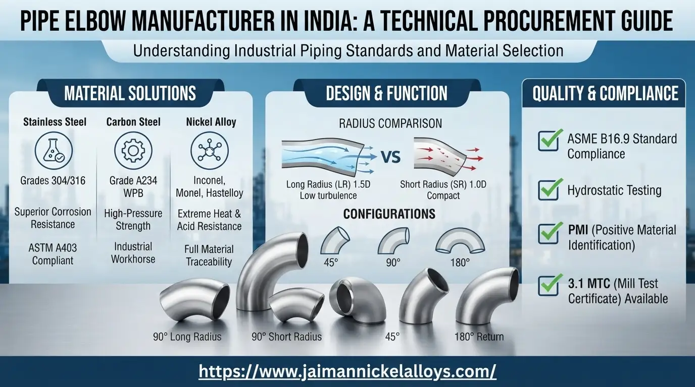 High-quality industrial pipe elbows manufactured by Jaiman Nickel Alloys, a leading pipe elbow manufacturer in India.