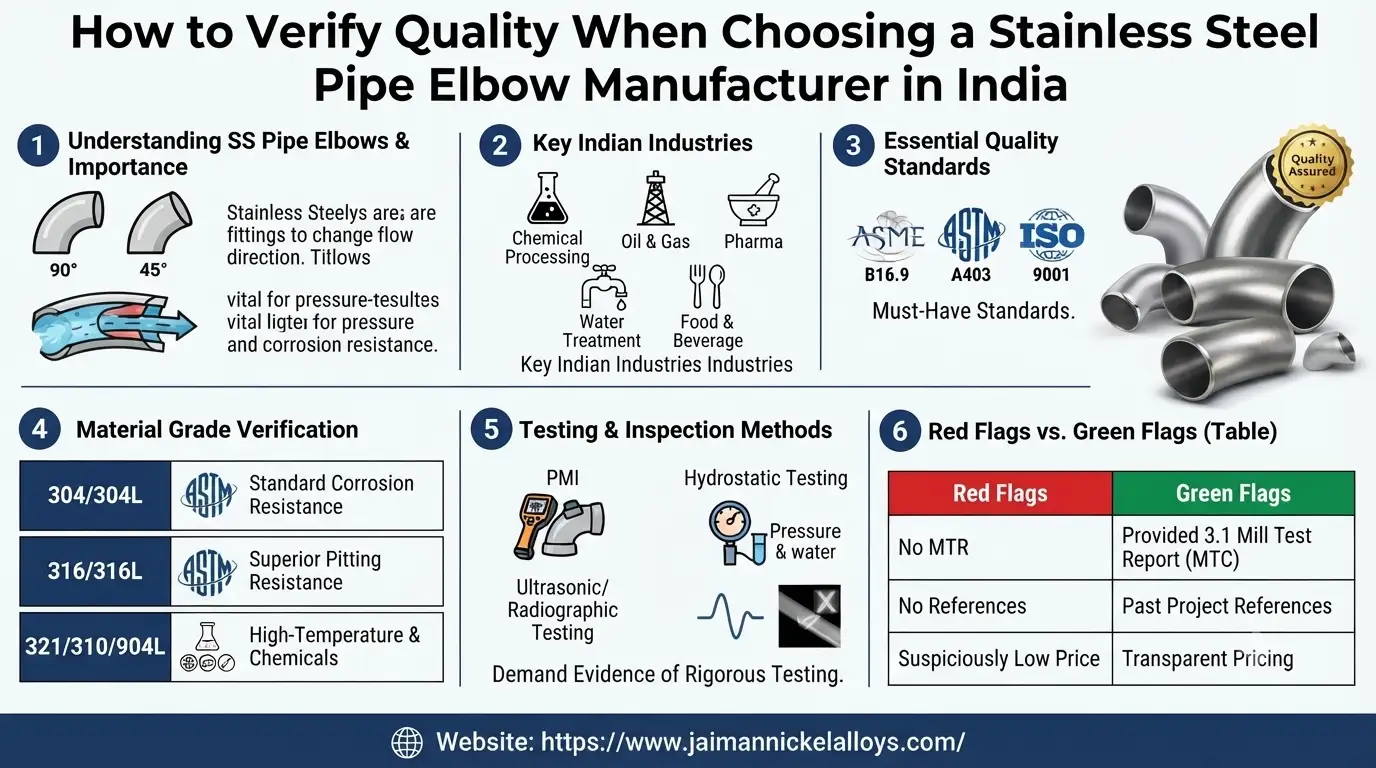 Infographic guide on how to verify quality when choosing a stainless steel pipe elbow manufacturer in India